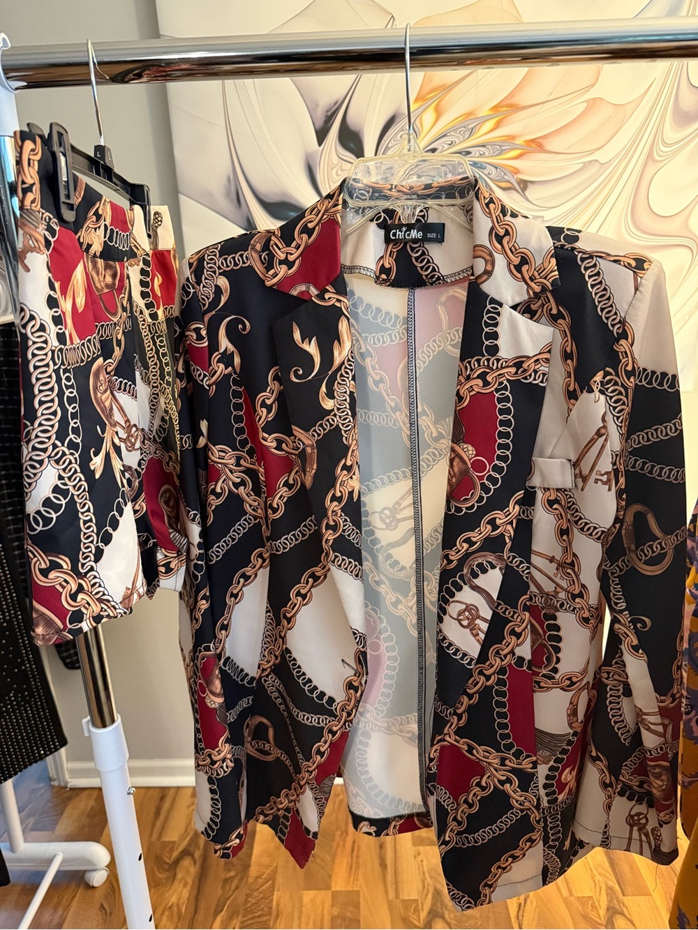 ChicMe Chain Print Blazer and Short Set - Black, Red, Cream, Gold